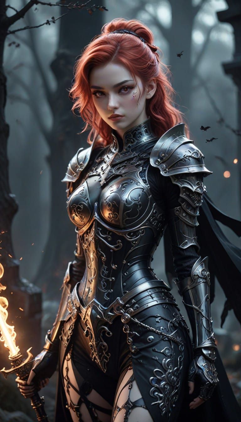 Gothic Female Knight Amidst Haunted Spirits