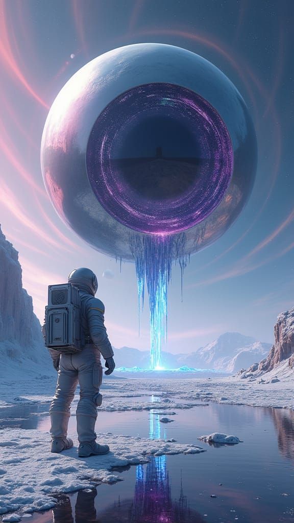 Astronaut Gazing at Colossal Orb on Alien Terrain