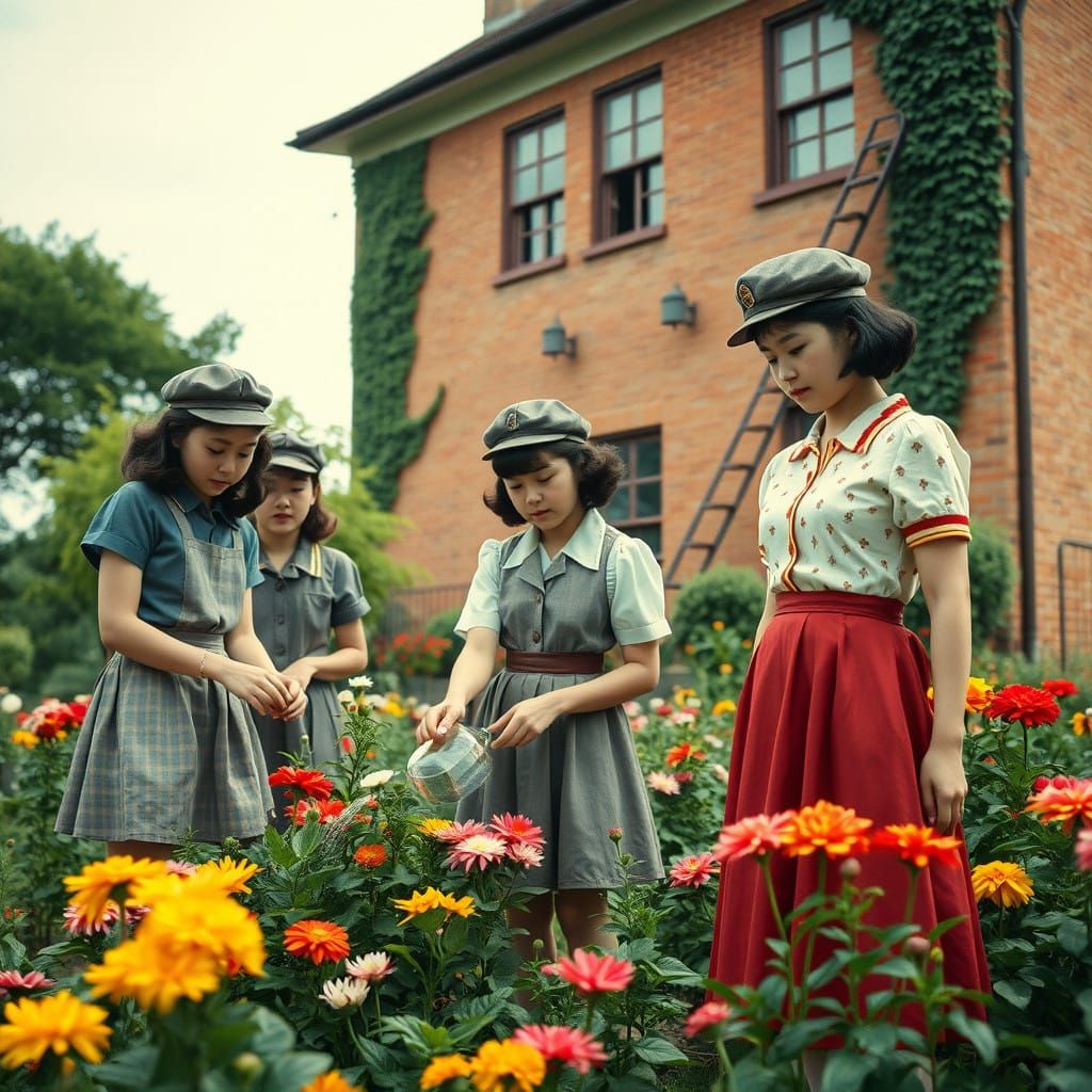 Teenagers in Vintage Attire Tend Flowers Under Watchful Eyes