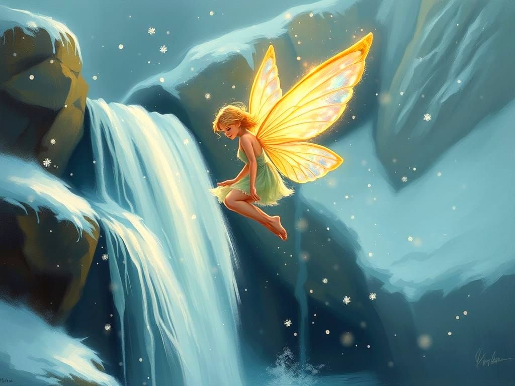 Poetic Fairy Amidst Snowflakes and Waterfall