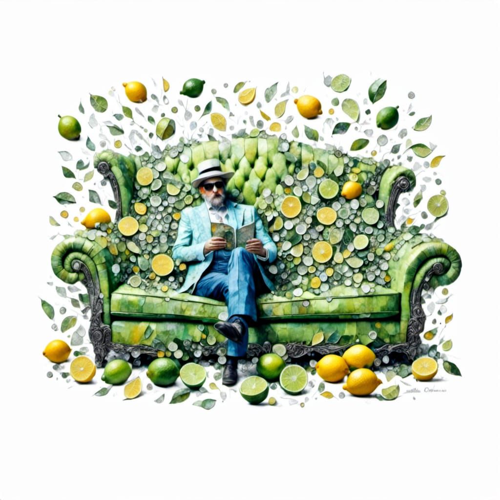 Surrealist Painting of Drunk Man on Green Sofa