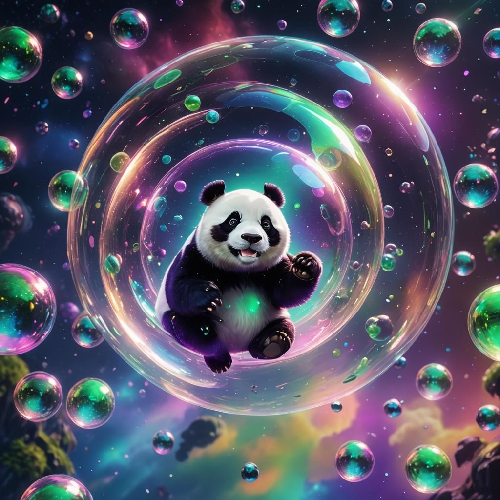 Panda in Phosphorescent Bubble Floating in Space