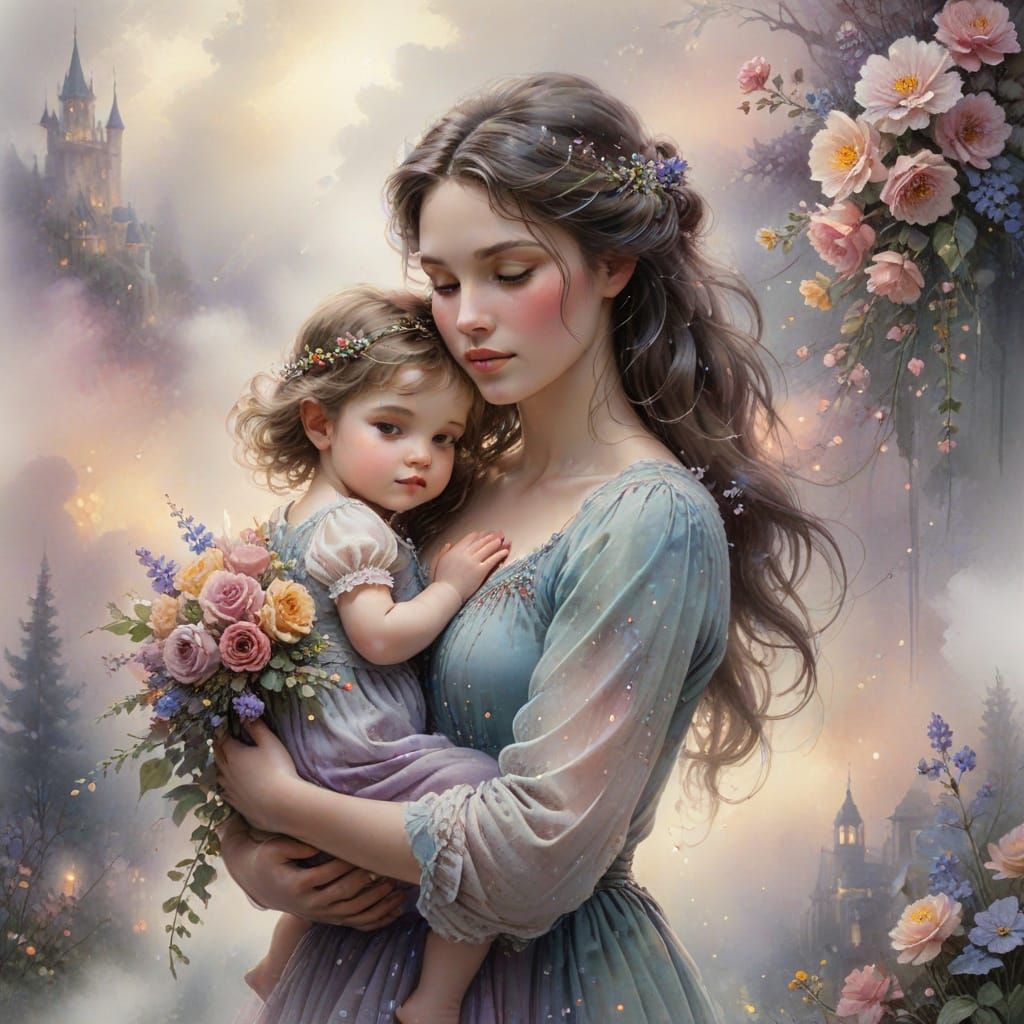 Ethereal Mother Daughter Portrait with Floral Accents