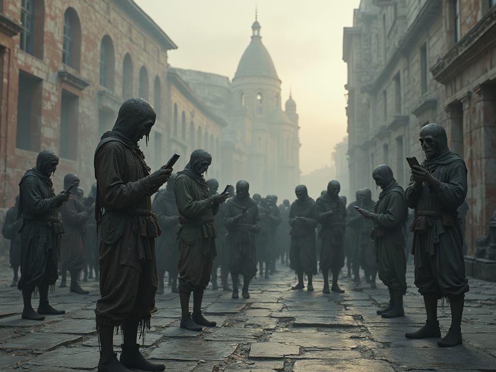 Undead Staring at Phones in Ruined City