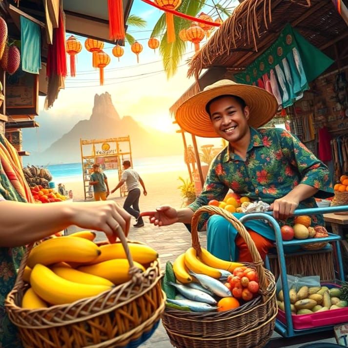 a lively traditional Filipino market scene, emphasizing vibrant stalls overflowing with tropical fruits like mangoes,...