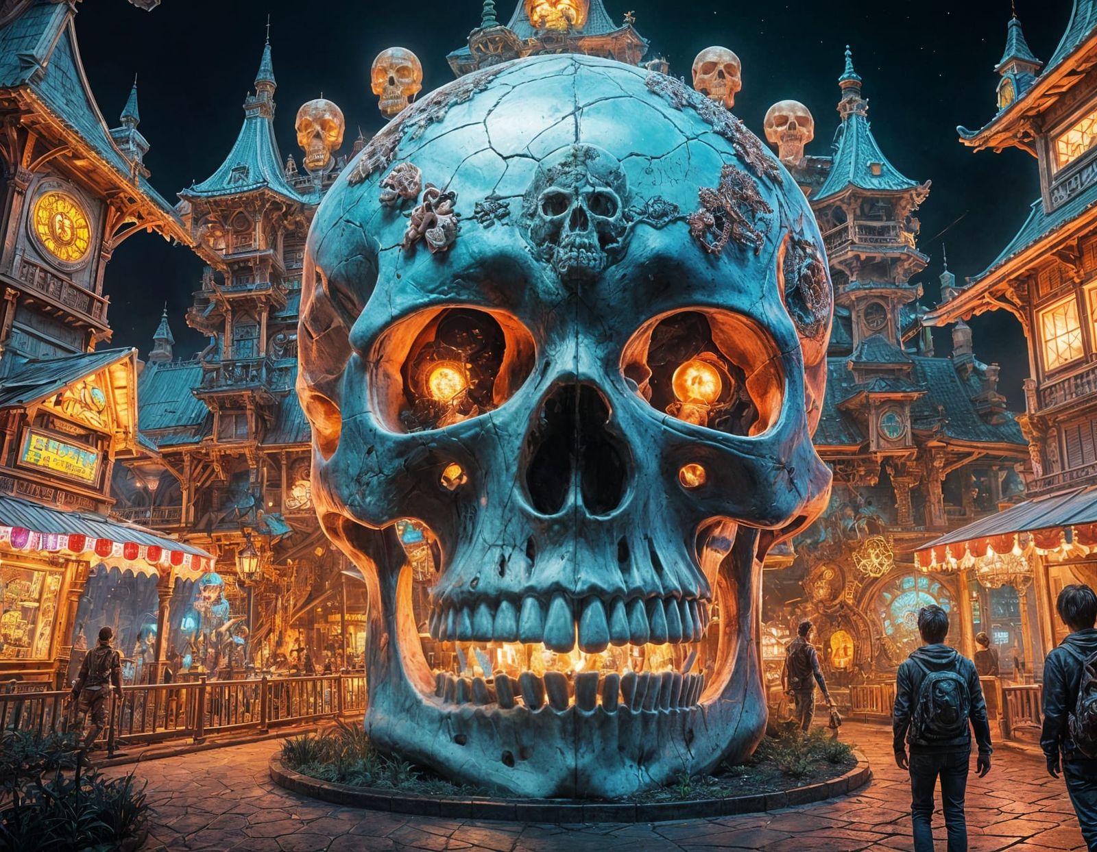 Giant Glowing Skull Theme Park: Digital Art