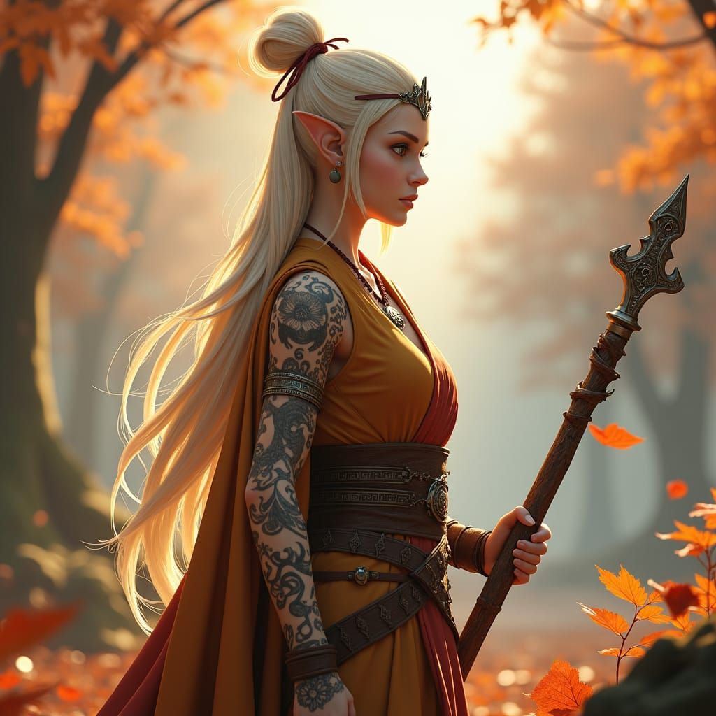 Enigmatic Elf Monk in Autumnal Landscape, 3D Anime Art