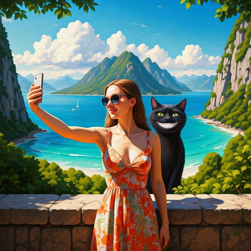 Cat Photobomb Selfie in Dreamlike Landscape