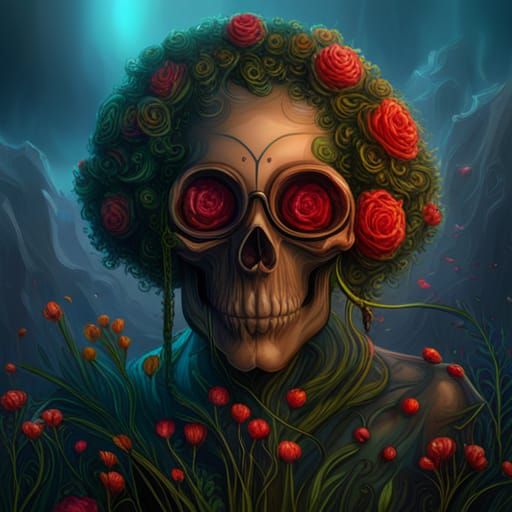 Fantastical Skullhead Emerges from Floral Landscape