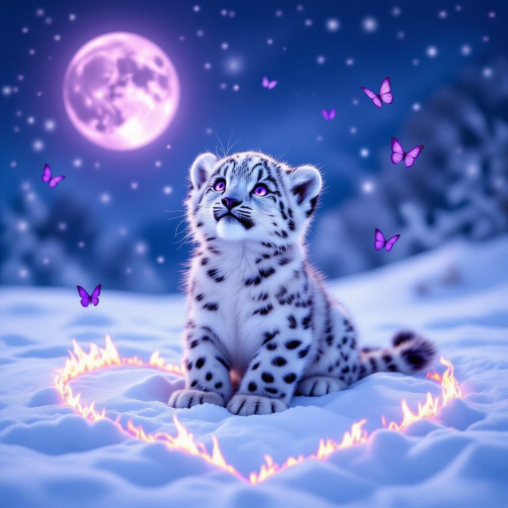 Snow Leopard Cub Under Purple Moon with Fiery Heart