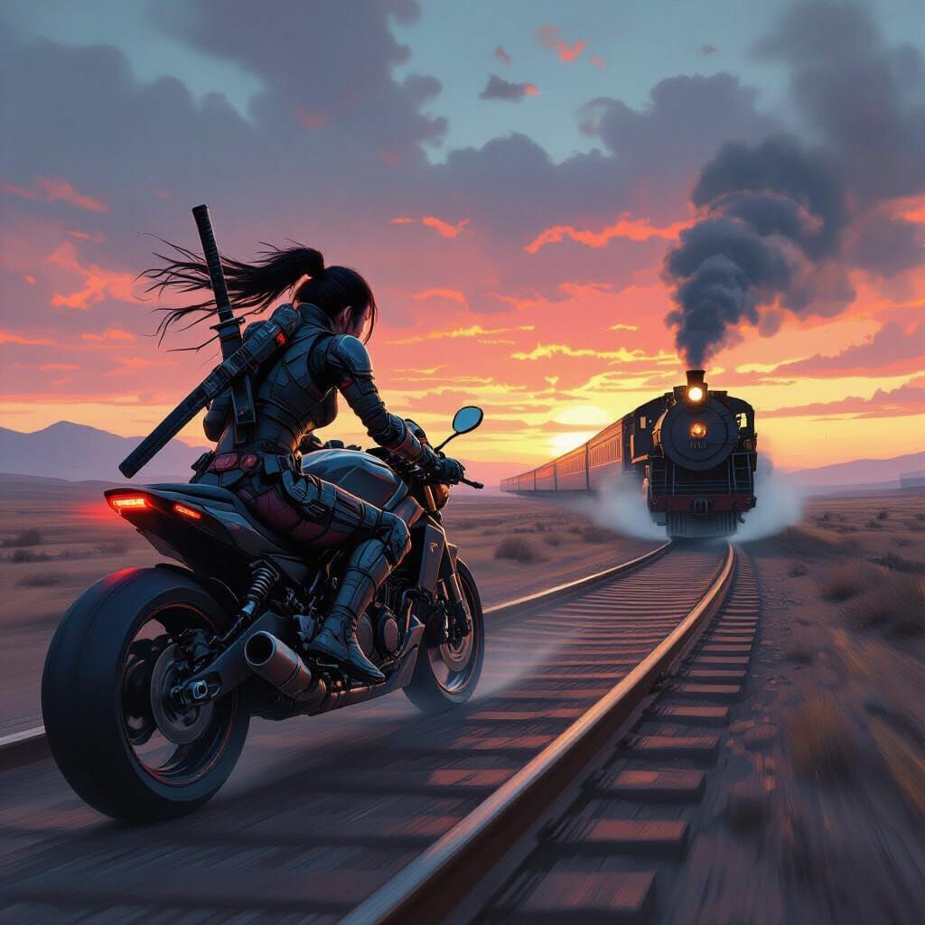 Cyberpunk Warrior Chases Train on Motorcycle in Wasteland