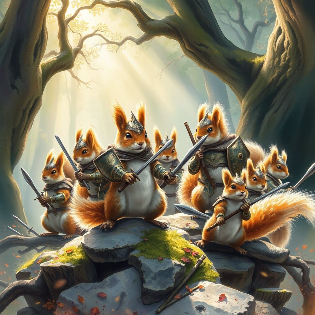 Majestic Squirrel Army in Whimsical Watercolor