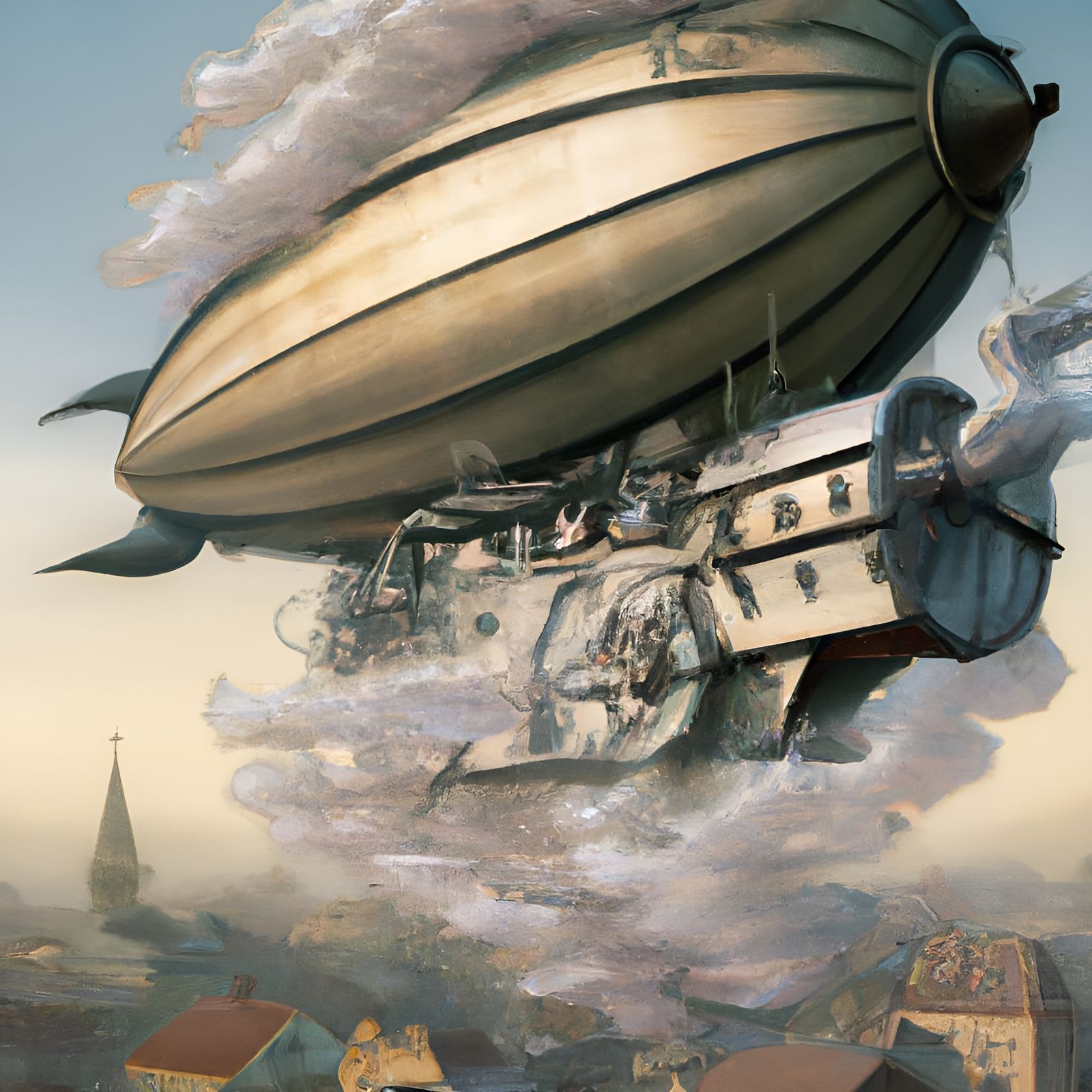 Steampunk Airship Flies Over Victorian City