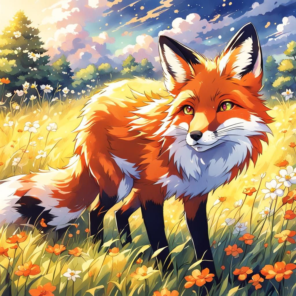Fox in Meadow: Anime Key Visual Art