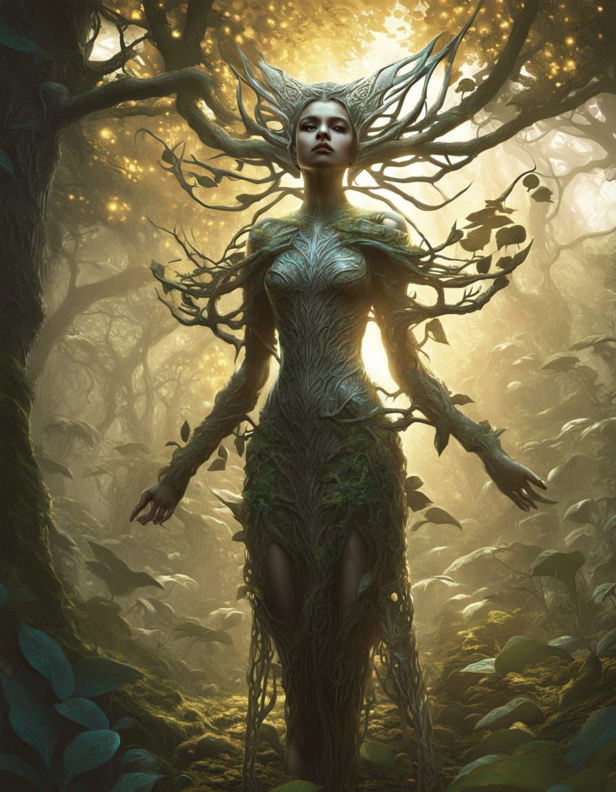 Elven Maiden Transformed into a Tree in a Whimsical Woodland...