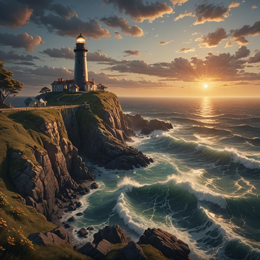Ocean Bluff Lighthouse at Sunset: Matte Painting