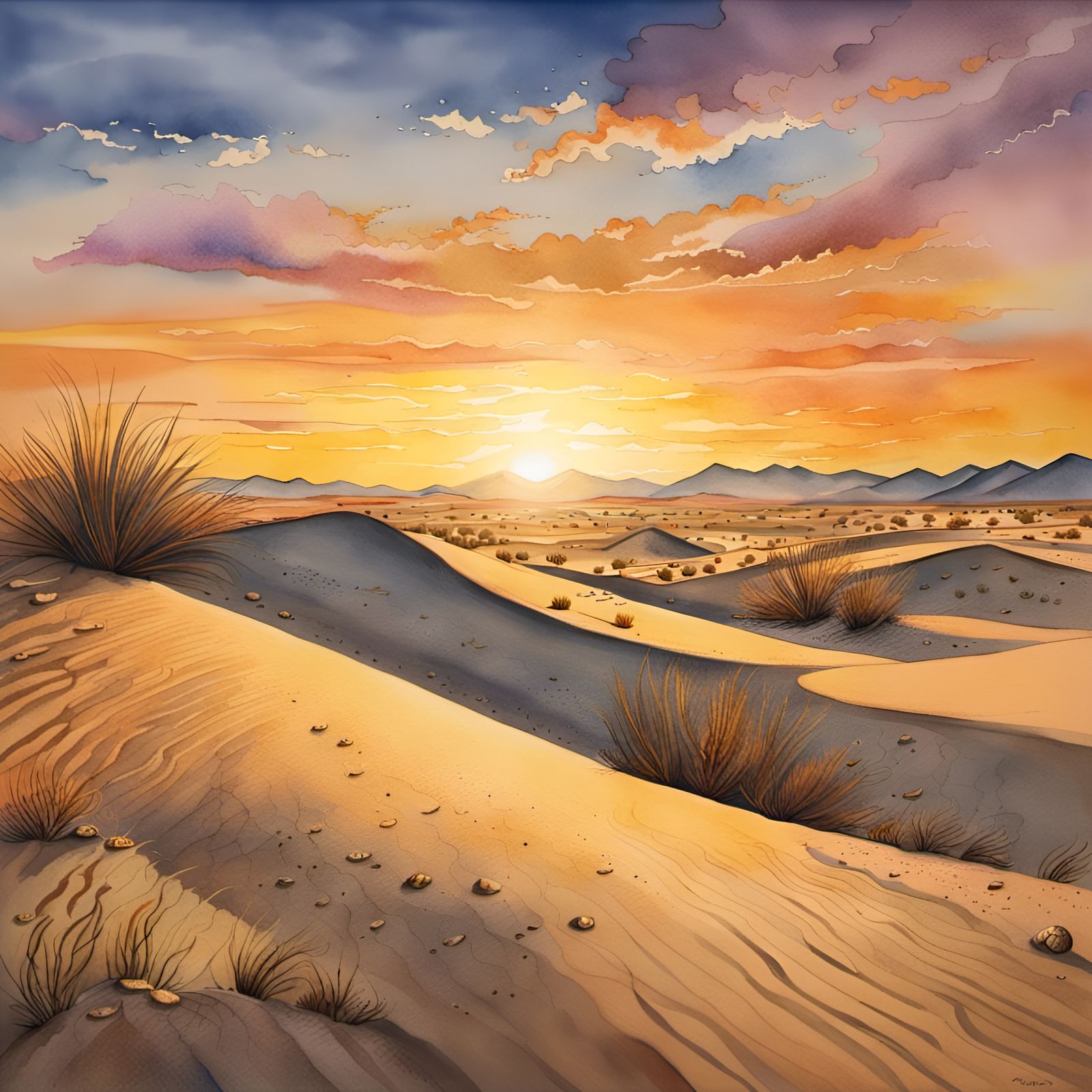 Golden Hour Sunset Over Desert Dunes Watercolor
