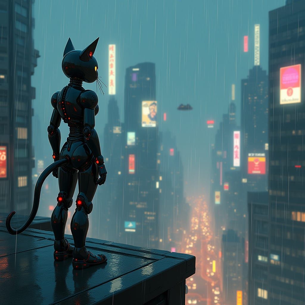 Robot Cat Gazes Over Cyberpunk Cityscape