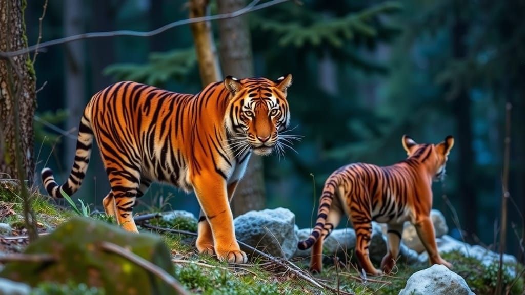 Winter Woodland Scene with Majestic Tigers and Festive Critt...