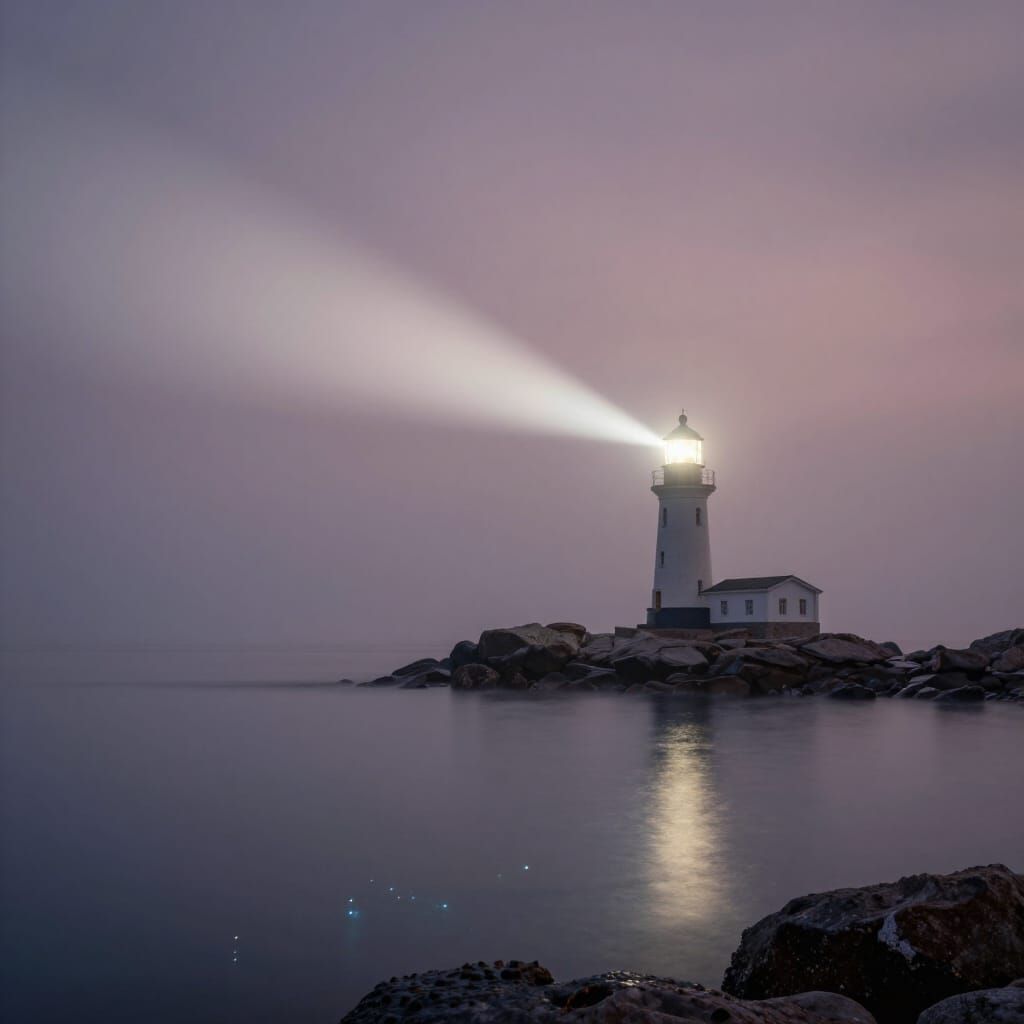 Lighthouse Beam Piercing Ethereal Fog Over Calm Ocean