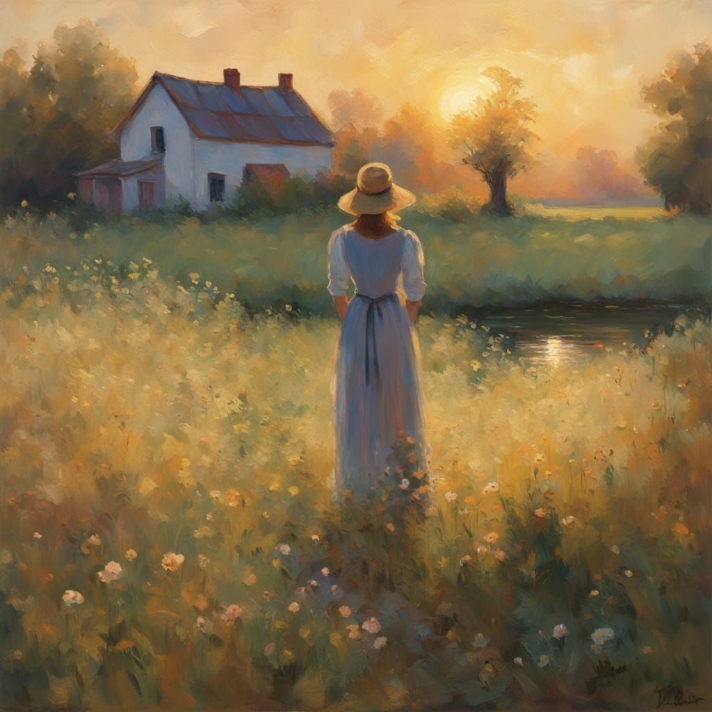 Woman Gazing at Farmhouse in Golden Hour Meadow