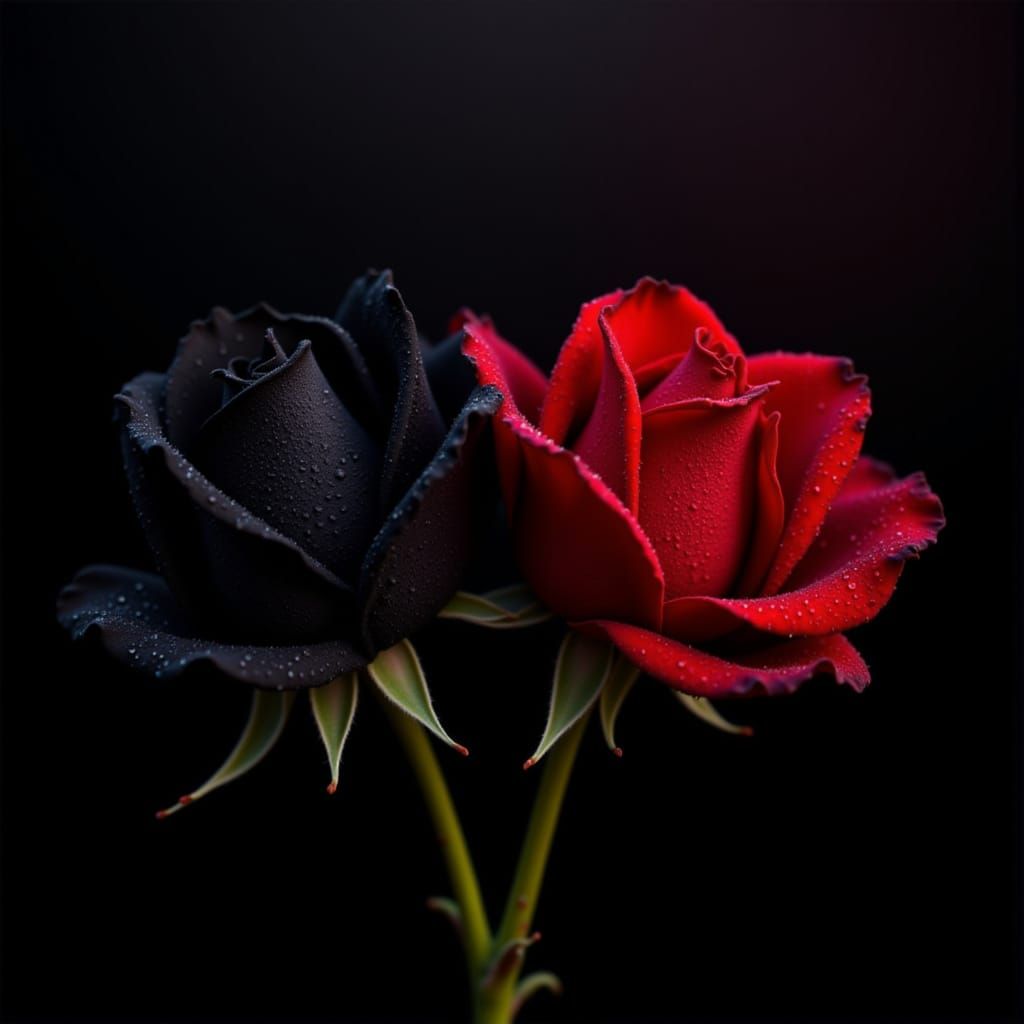 Hyperrealistic Black and Red Roses with Dew Drops