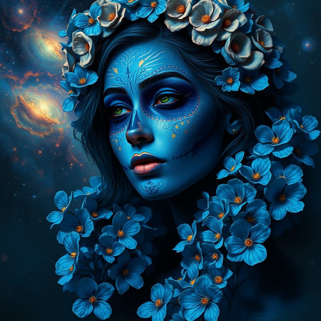 Blue-Skinned Woman with Catrina Makeup in Fine Art Style