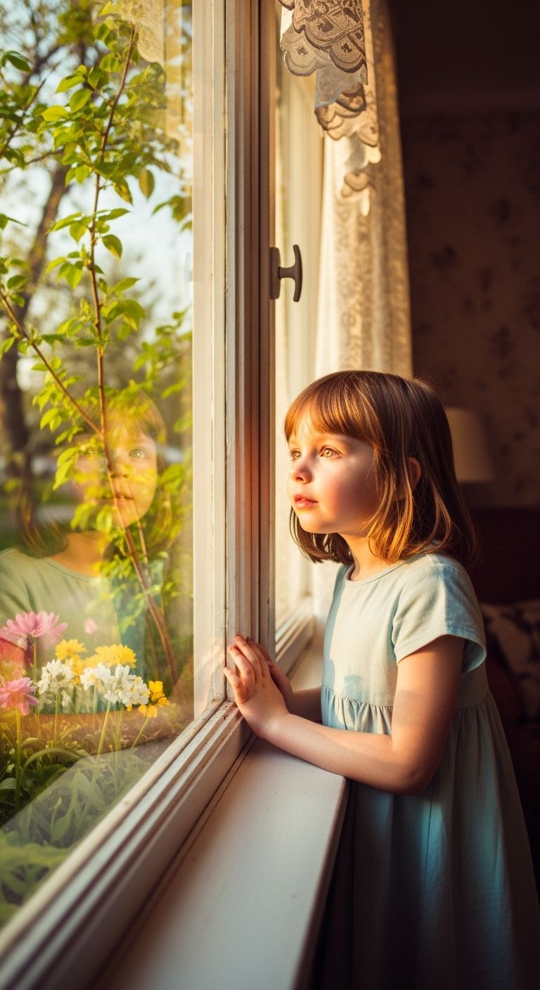 Child Gazing at Spring Garden in Golden Light