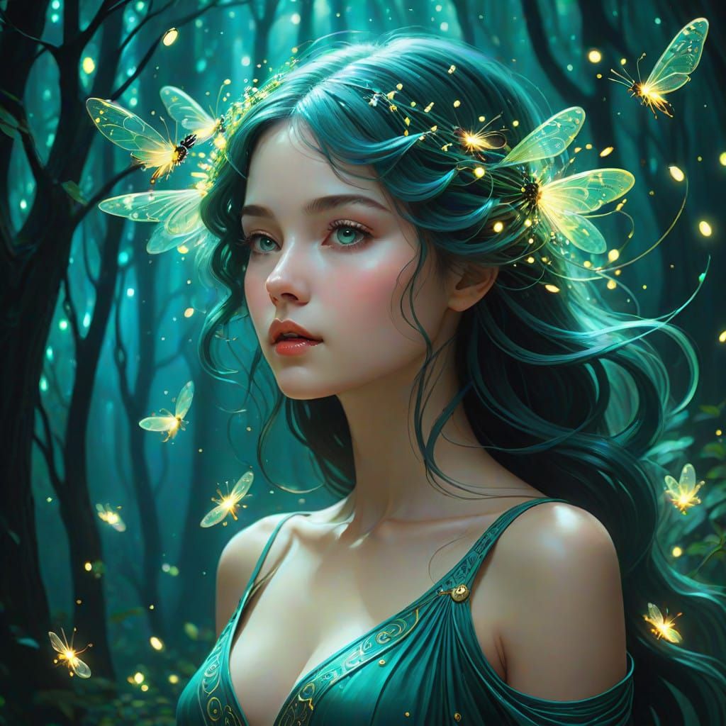 Ethereal Goddess with Fiery Hair Halo