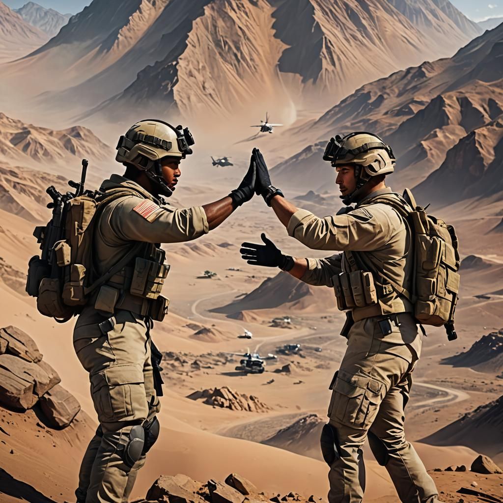 Soldiers High-Fiving in Desert Battlefield