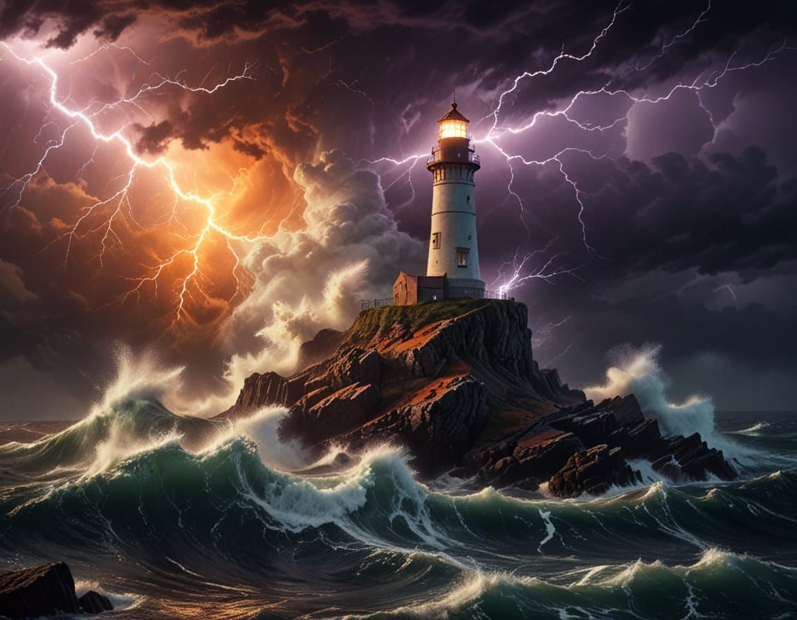Lighthouse in Raging Storm: Painterly Realism