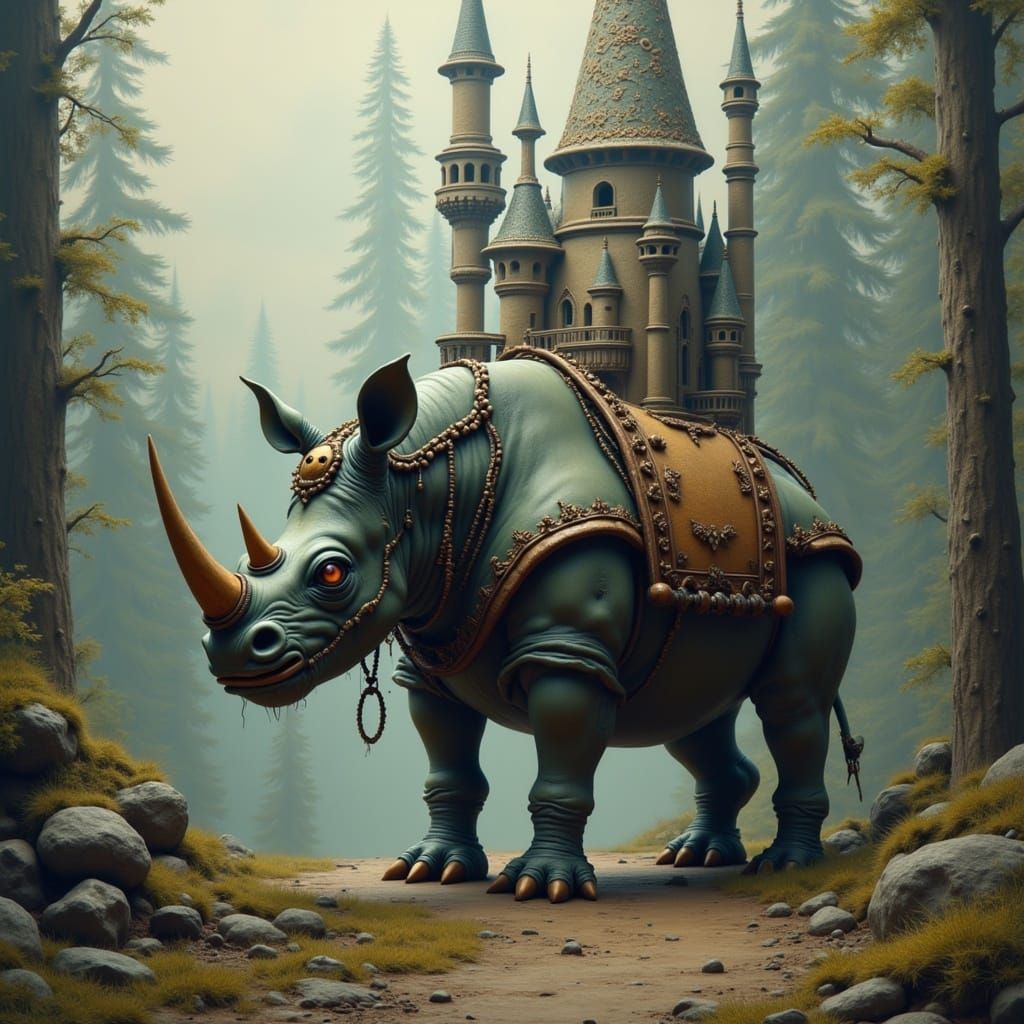 Baroque Rhino Before Majestic Castle