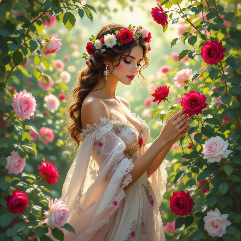 Goddess of Roses Tends Ethereal Garden