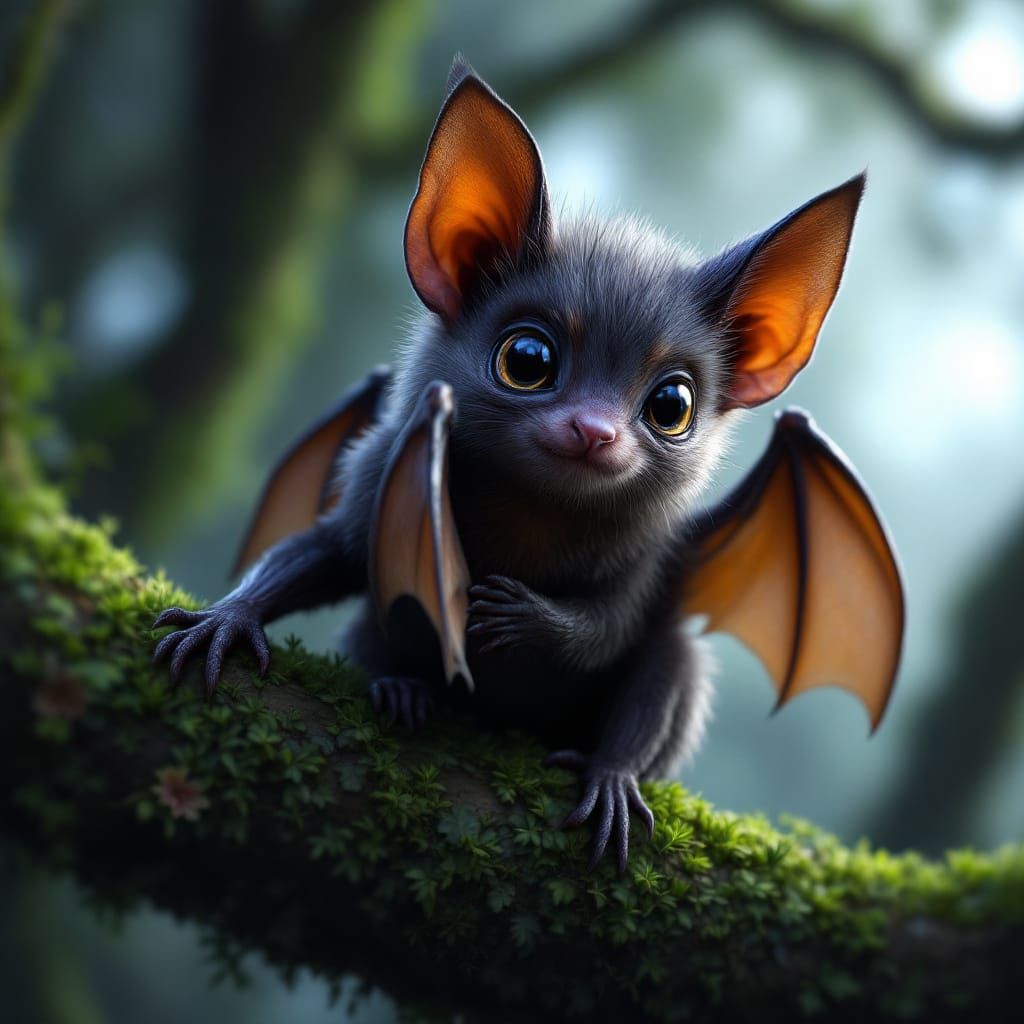 Adorable Fluffy Fruit Bat on Mossy Branch