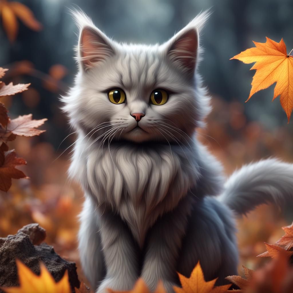 Mystical Grey Cat in Autumn Fantasy Art
