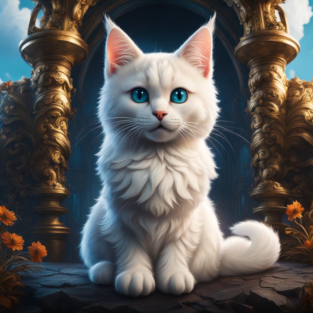 Angelic White Cats on Cloud in Detailed Digital Painting