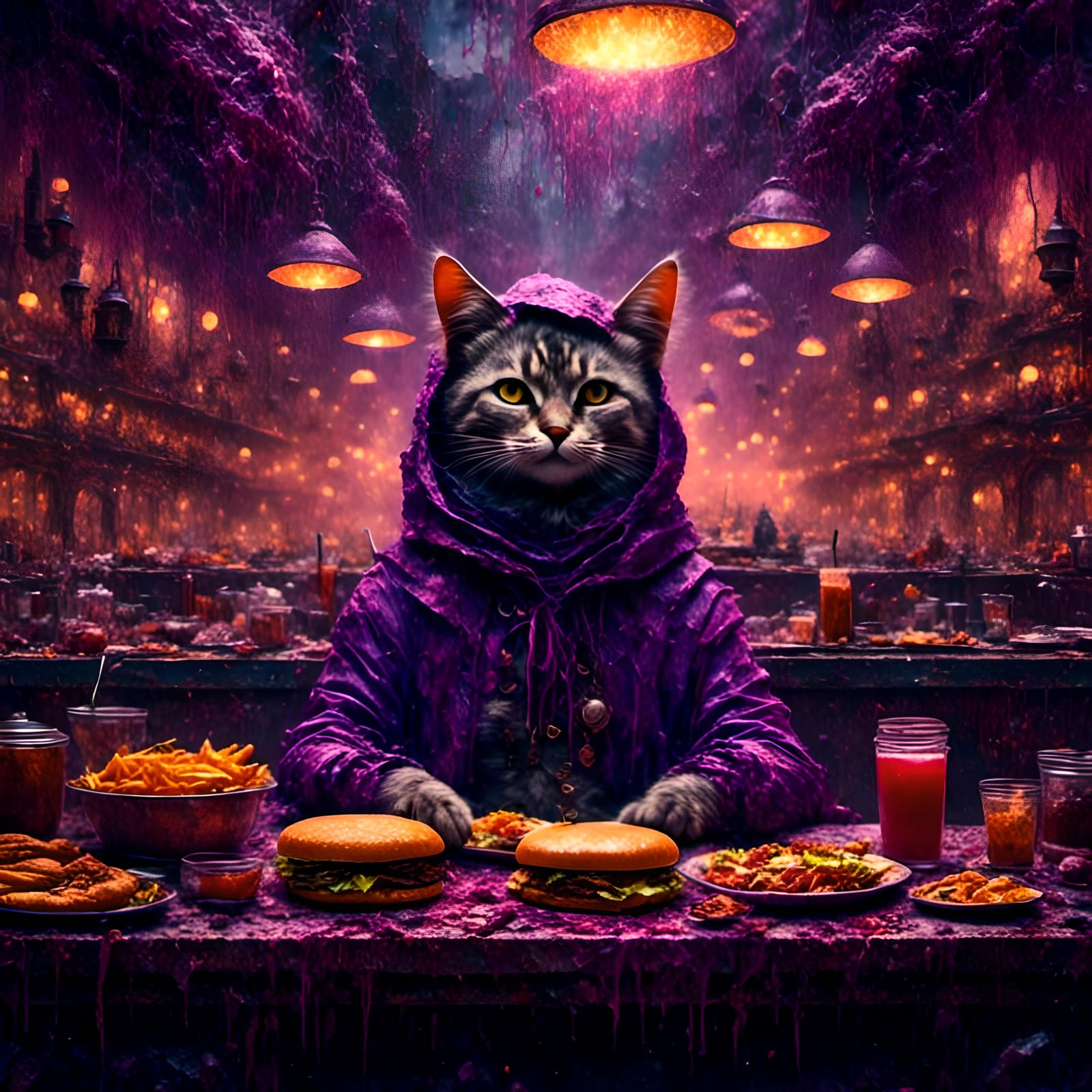 Purple Riding Hood Cat at Burger Shop