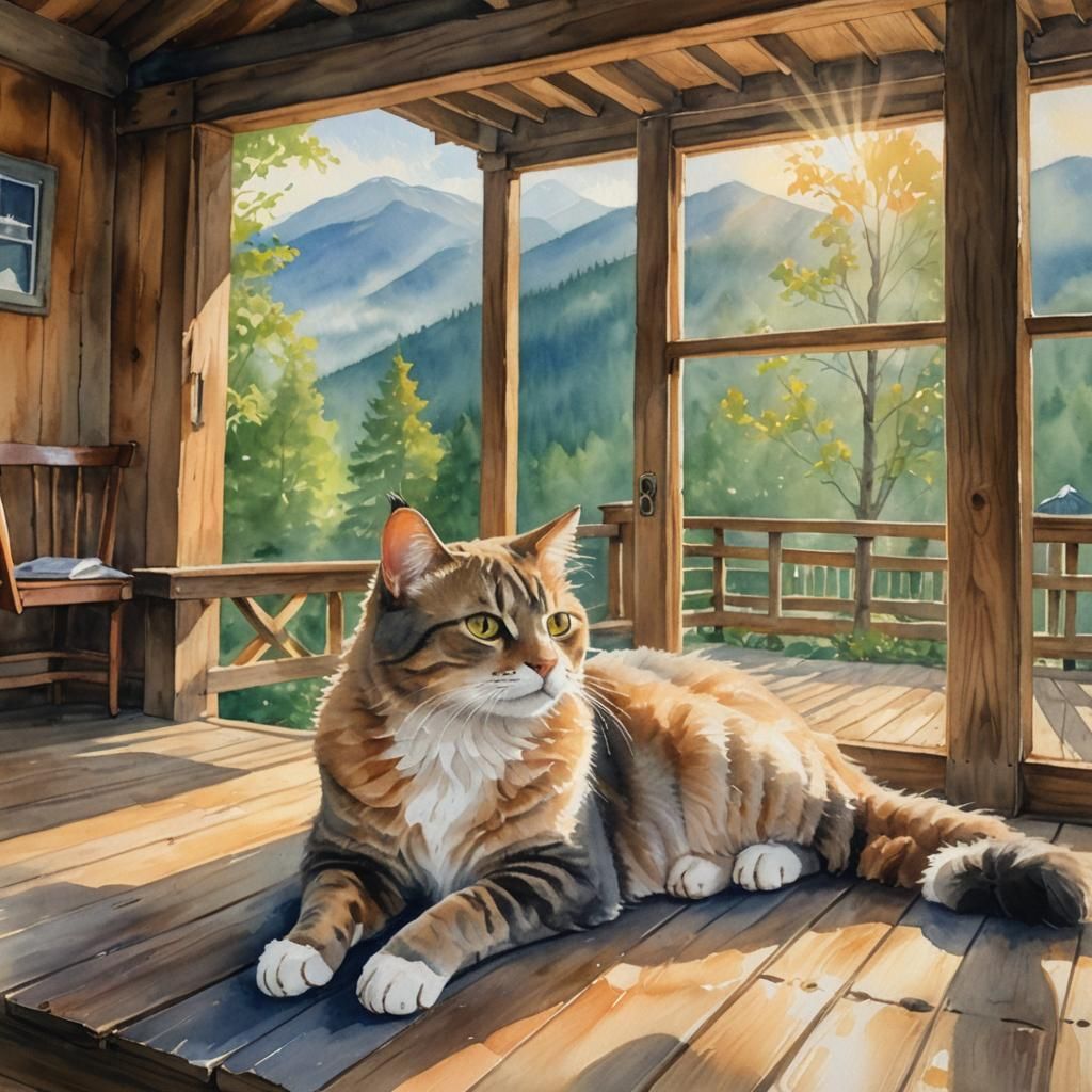 Cozy Cabin Cat Lounging in Watercolor Painting