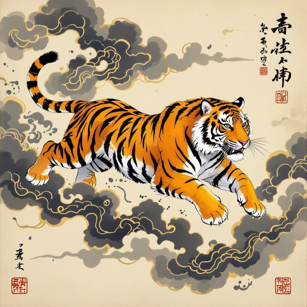 Golden Calligraphy Tiger Leaping Through Ink Clouds