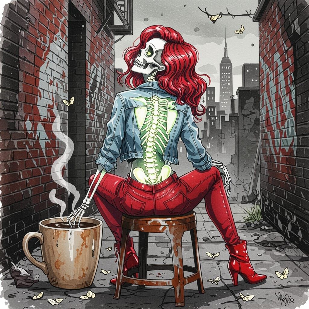 Ethereal Skeletal Woman in Urban Alley, Mixed Media Art