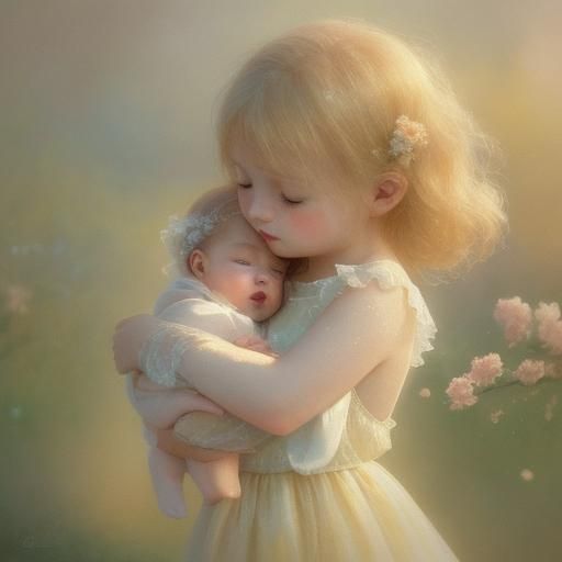 Sister and Baby in Watercolor Painting