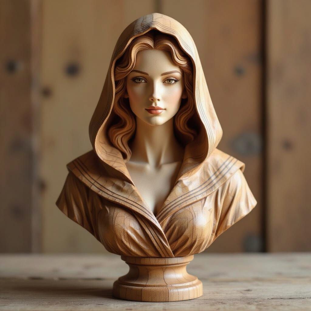 Ornate Wooden Bust of Woman in Fantasy Art Style