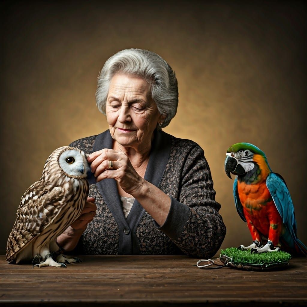 Woman Cleans Birds Feathers in Macro Photography