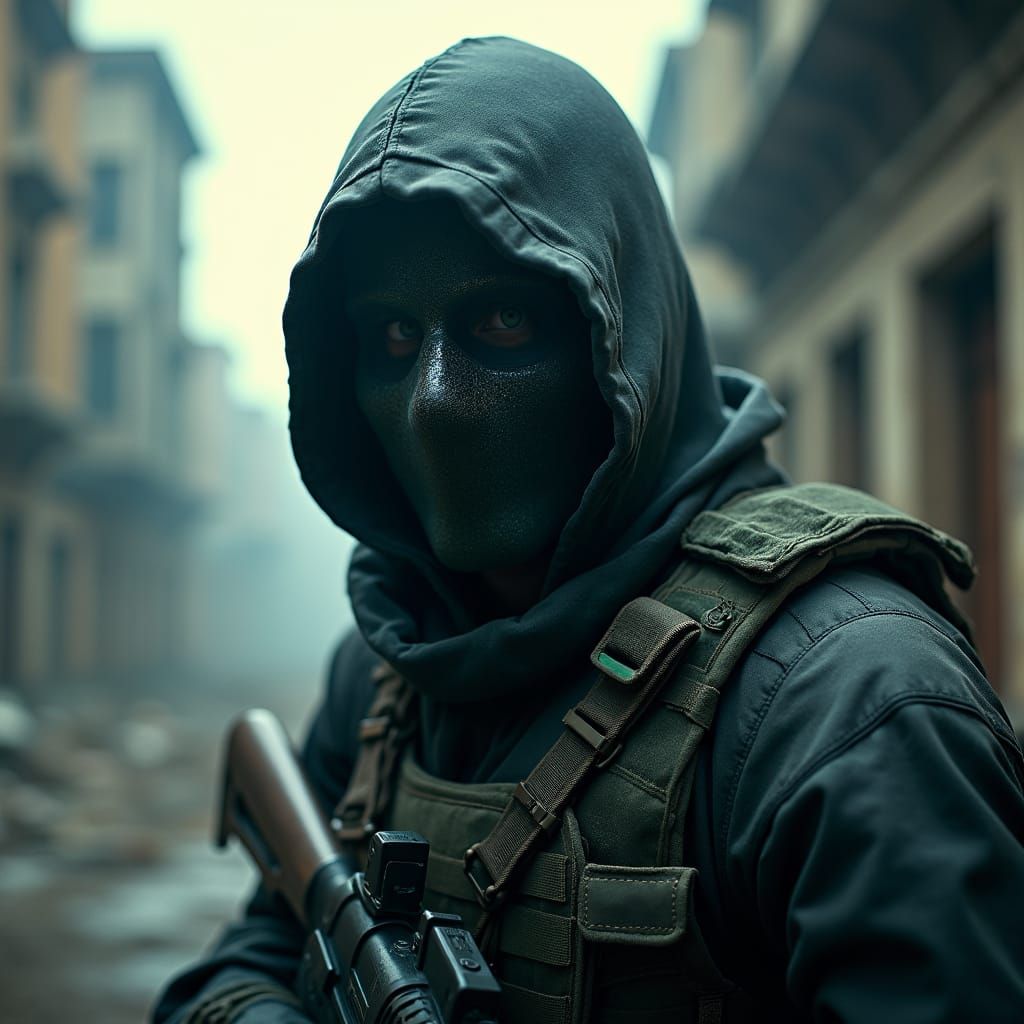 Ghost Face Character in War-Torn Setting