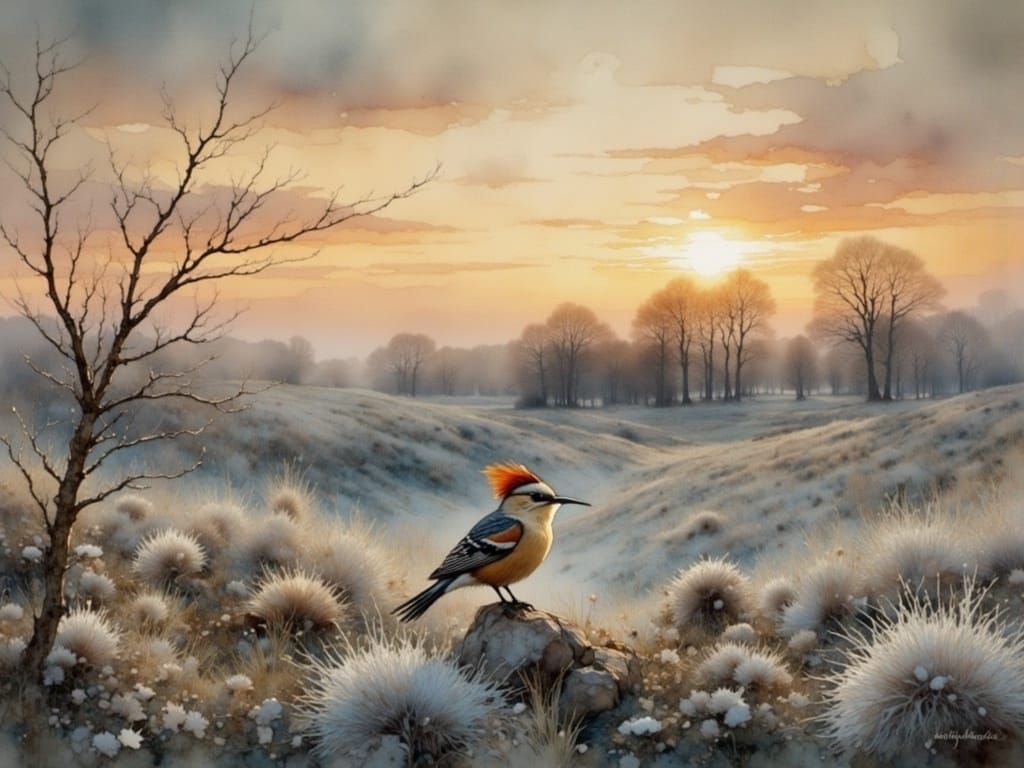 Hoopoe in a Dreamy Fractal Watercolor Landscape