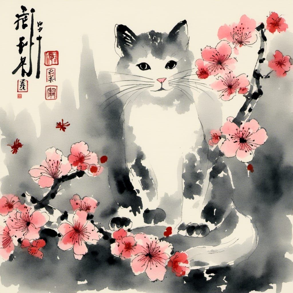 Playful Kitten with Cherry Blossom in Sumi-e Style