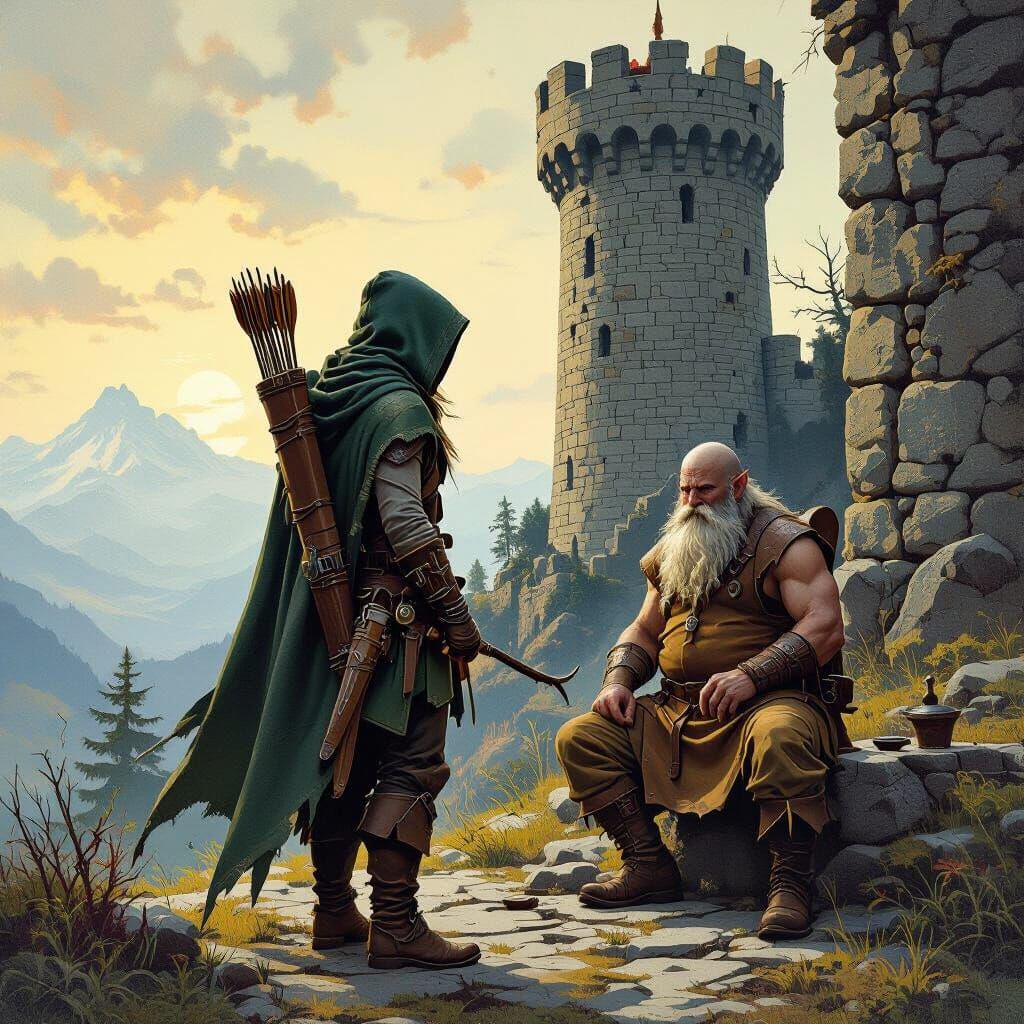 Elven Archer and Dwarf Smith Before Ancient Tower