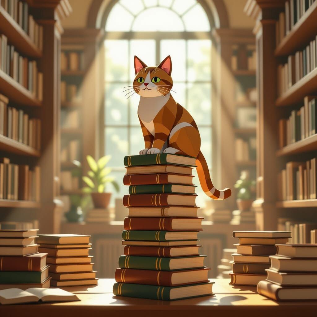 Wooden Cat in Bauhaus Style Library