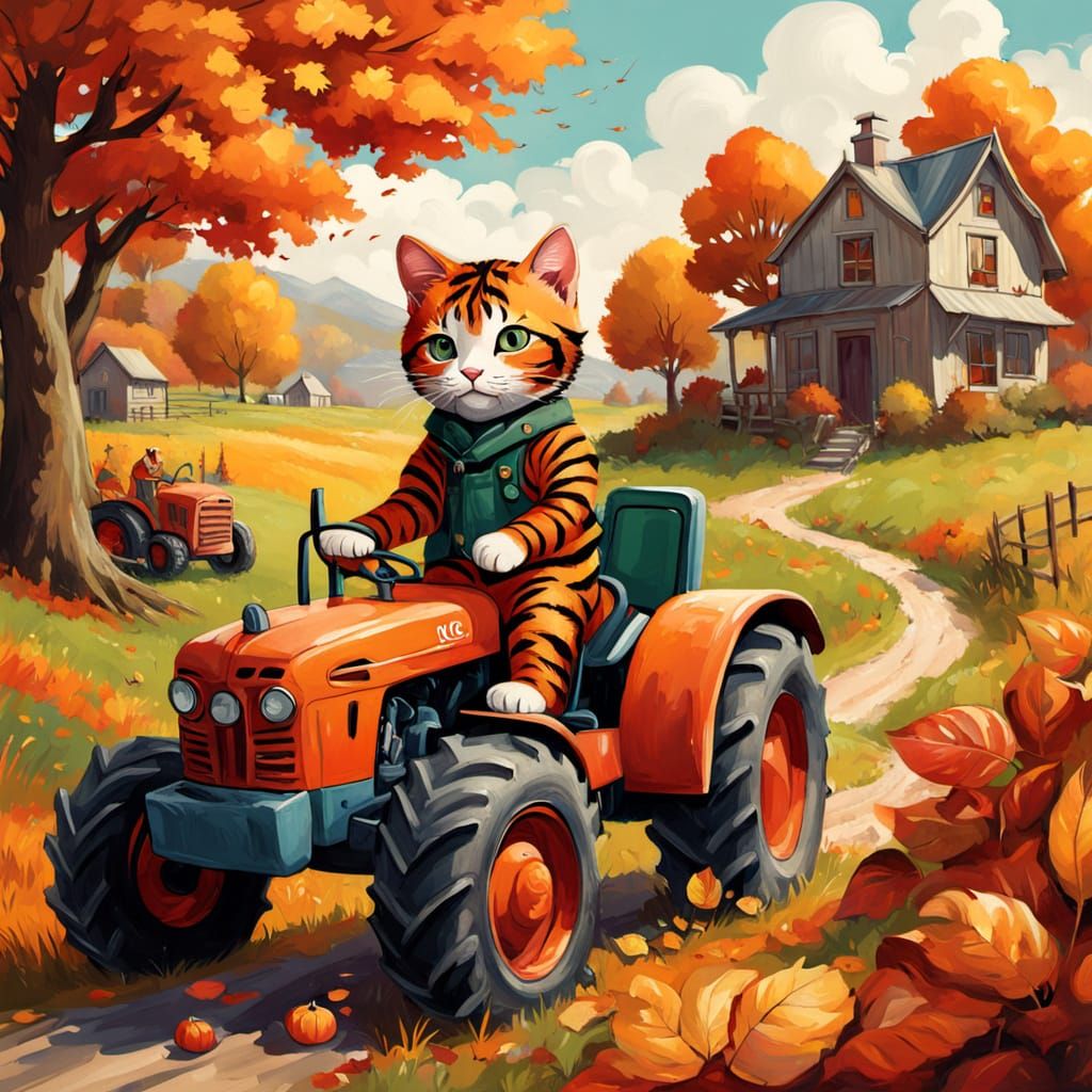 Tiny Cat in Tiger Costume Rides Tractor