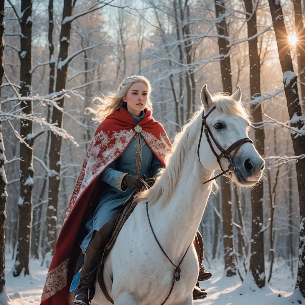 Princess Rides Through Snowy Forest in Romanticism Style